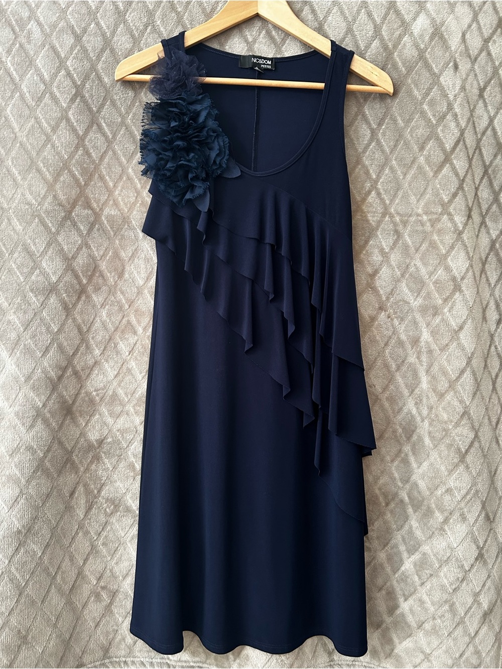 NIC&DOM Navy Ruffle Floral-Accent Sleeveless Dress